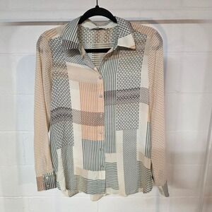 ROSE + OLIVE Geometric Patchwork Button Up Shirt Women S Sheer Maximalist Office